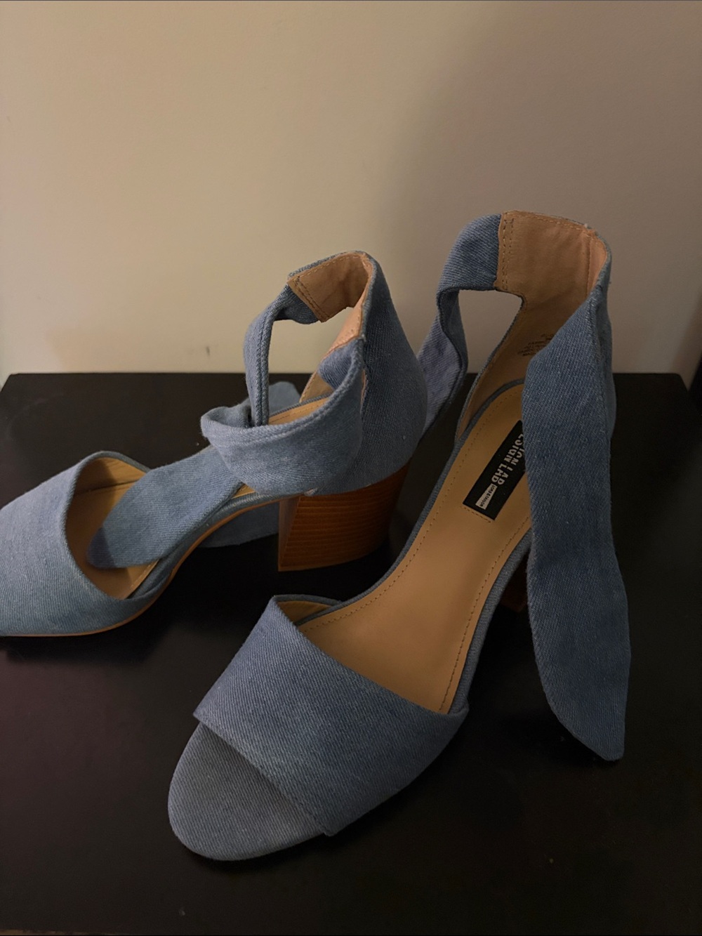 Design Lab Lord & Taylor Light Blue Denim Block Heel Sandals with Ankle Tie